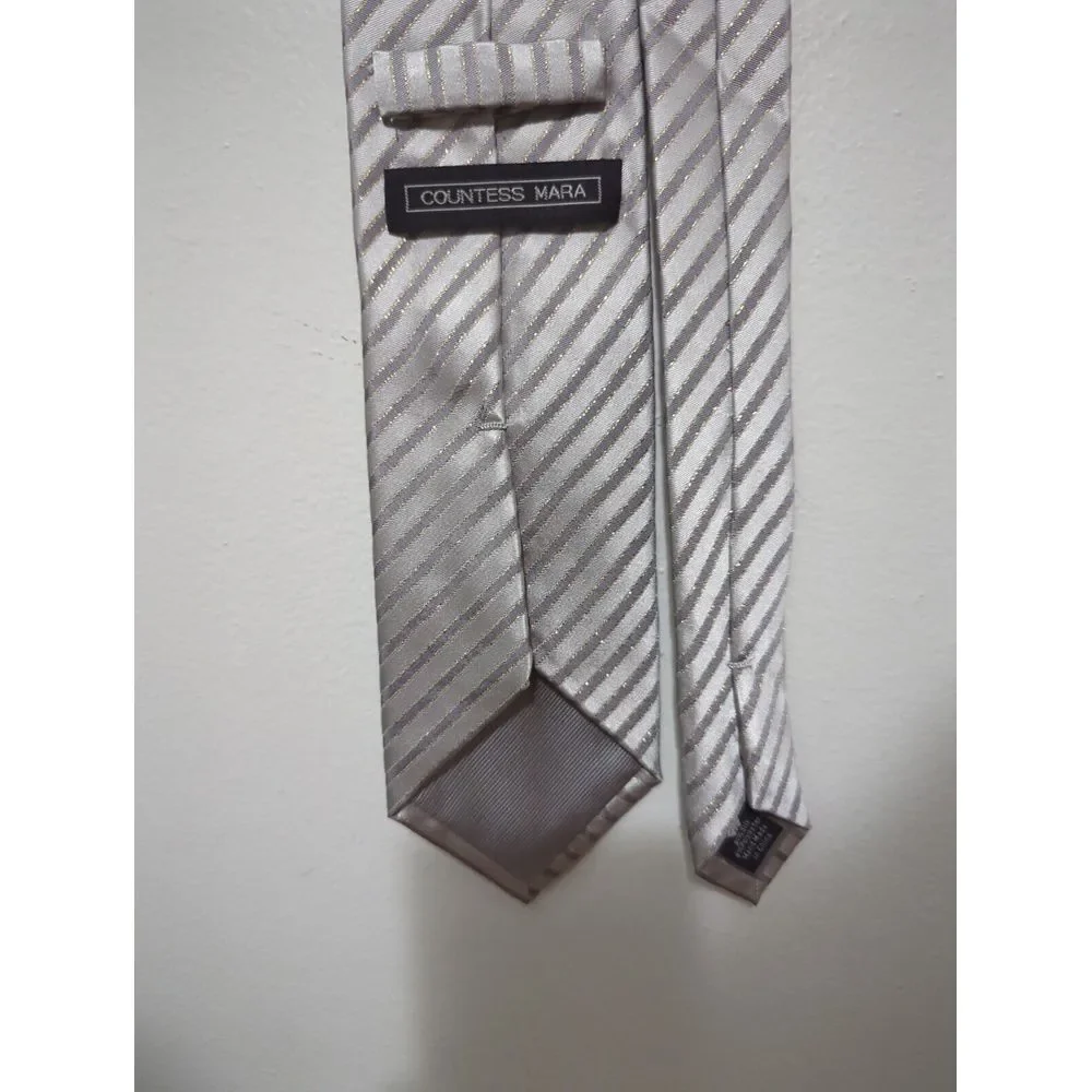 Countess Mara Mens‎ Silver Grey Gold Striped Silk Blend Hand Made Necktie